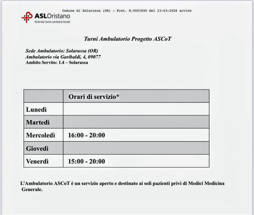 Ambulatorio ASCOT - Orari attivazione nuovo servizio