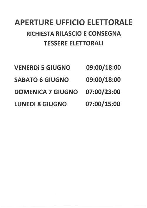 Elezioni Amministrative 7 e 8 Giugno 2026 -APERTURE STRAORDINARIE PER RILASCIO TESSERE ELETTORALI (nuove e duplicati)